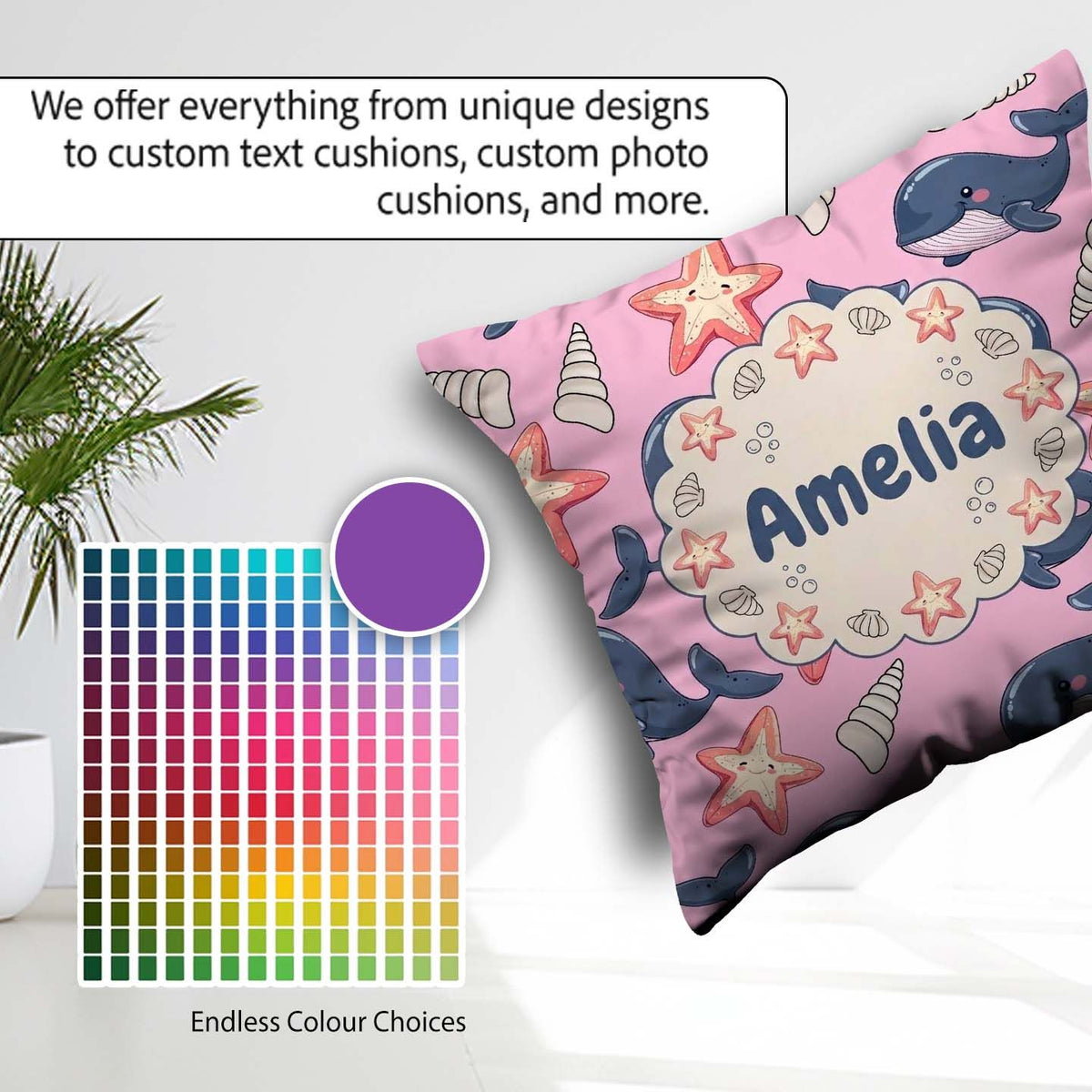 Custom Name Kawaii Whale Starfish Seashell Ocean Rose Background Square Filled Cushion Throw Pillow Sofa Bed Home Decor Zip Washable UK Made