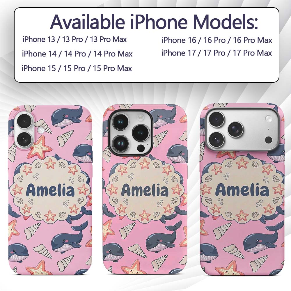 Cute Kawaii Whale Starfish Seashell Ocean Animals Custom Name Protective Phone Case Mobile Cover Durable Everyday Smartphone Shock Resistant