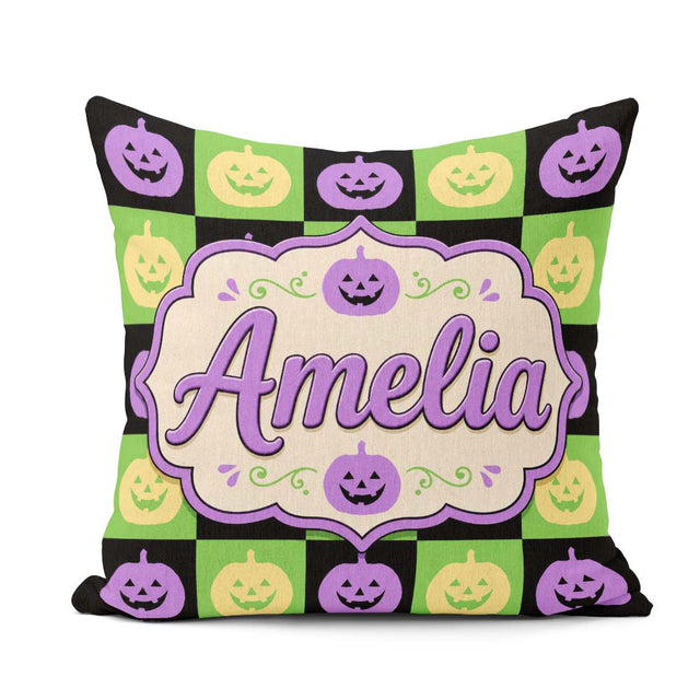 Custom Name Halloween Pumpkin Faces Green Black Checker Seamless Square Filled Cushion Throw Pillow Sofa Bed Home Decor Zip Washable UK Made