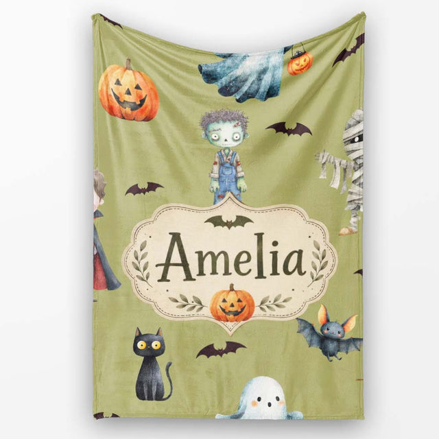 Cute Halloween Kids Characters Zombie Vampire Bats Pumpkin Olive  Personalised Custom Name Super Soft Fleece Blanket Bed Sofa Throw