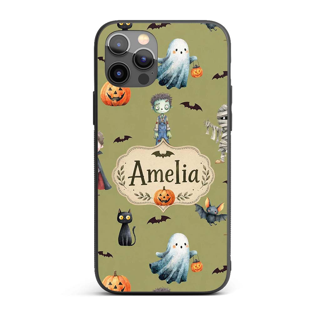 Cute Halloween Kids Characters Zombie Vampire Custom Name Protective Phone Case Mobile Cover Durable Everyday Smartphone Shock Resistant