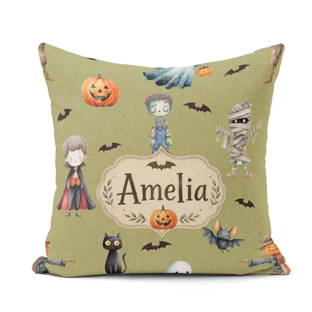 Custom Name Halloween Kids Characters Vampire Bats Pumpkin Olive Square Filled Cushion Throw Pillow Sofa Bed Home Decor Zip Washable UK Made
