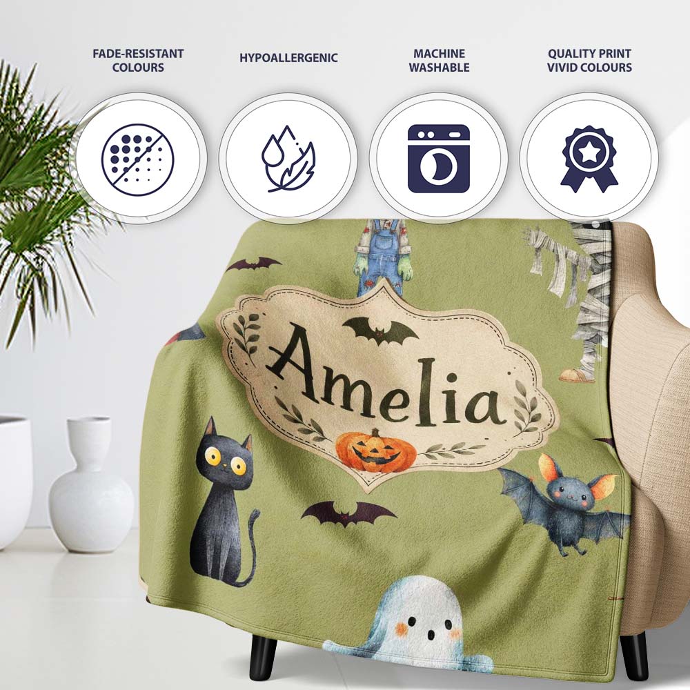Cute Halloween Kids Characters Zombie Vampire Bats Pumpkin Olive  Personalised Custom Name Super Soft Fleece Blanket Bed Sofa Throw