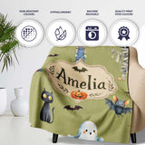 Cute Halloween Kids Characters Zombie Vampire Bats Pumpkin Olive  Personalised Custom Name Super Soft Fleece Blanket Bed Sofa Throw