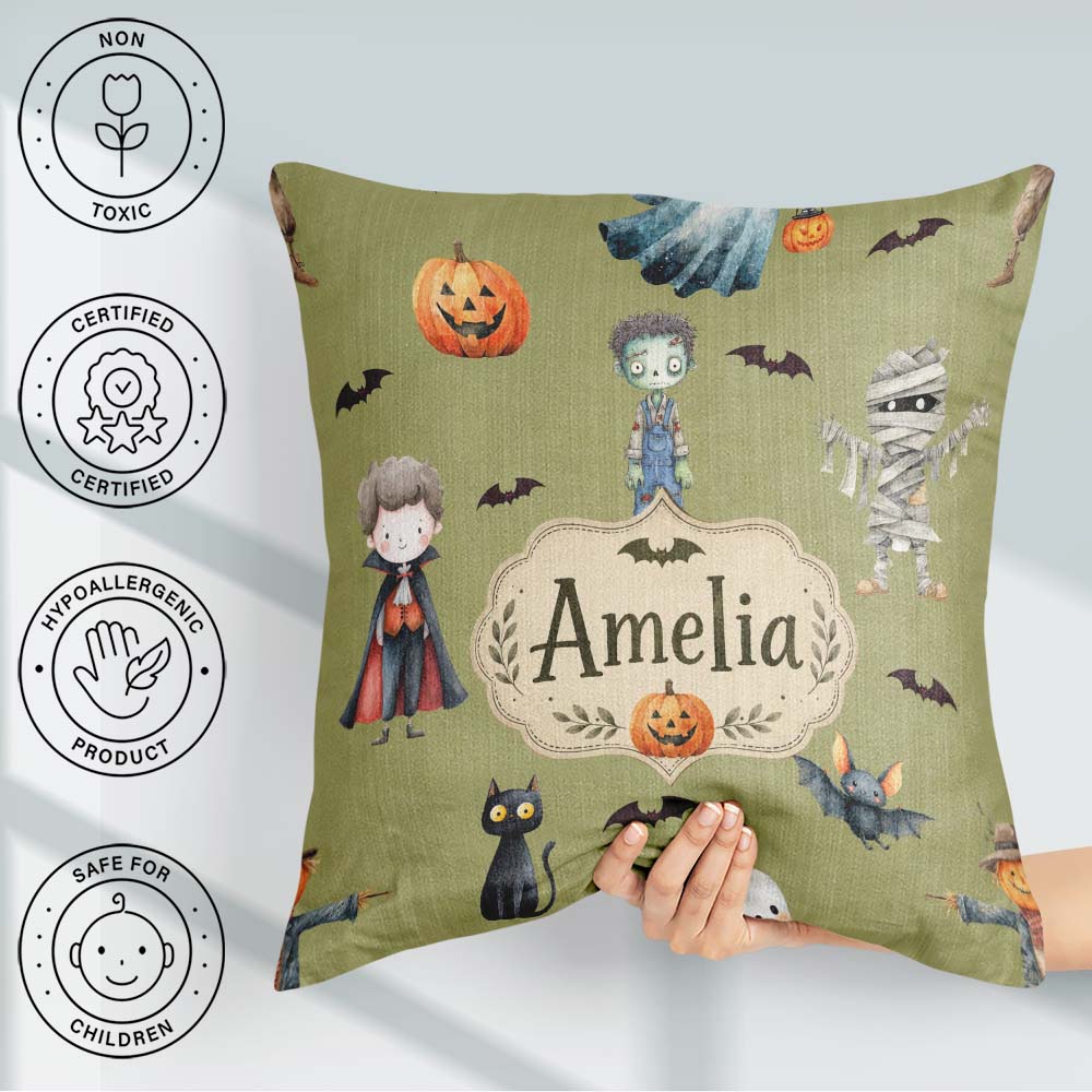 Custom Name Halloween Kids Characters Vampire Bats Pumpkin Olive Square Filled Cushion Throw Pillow Sofa Bed Home Decor Zip Washable UK Made