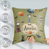 Custom Name Halloween Kids Characters Vampire Bats Pumpkin Olive Square Filled Cushion Throw Pillow Sofa Bed Home Decor Zip Washable UK Made