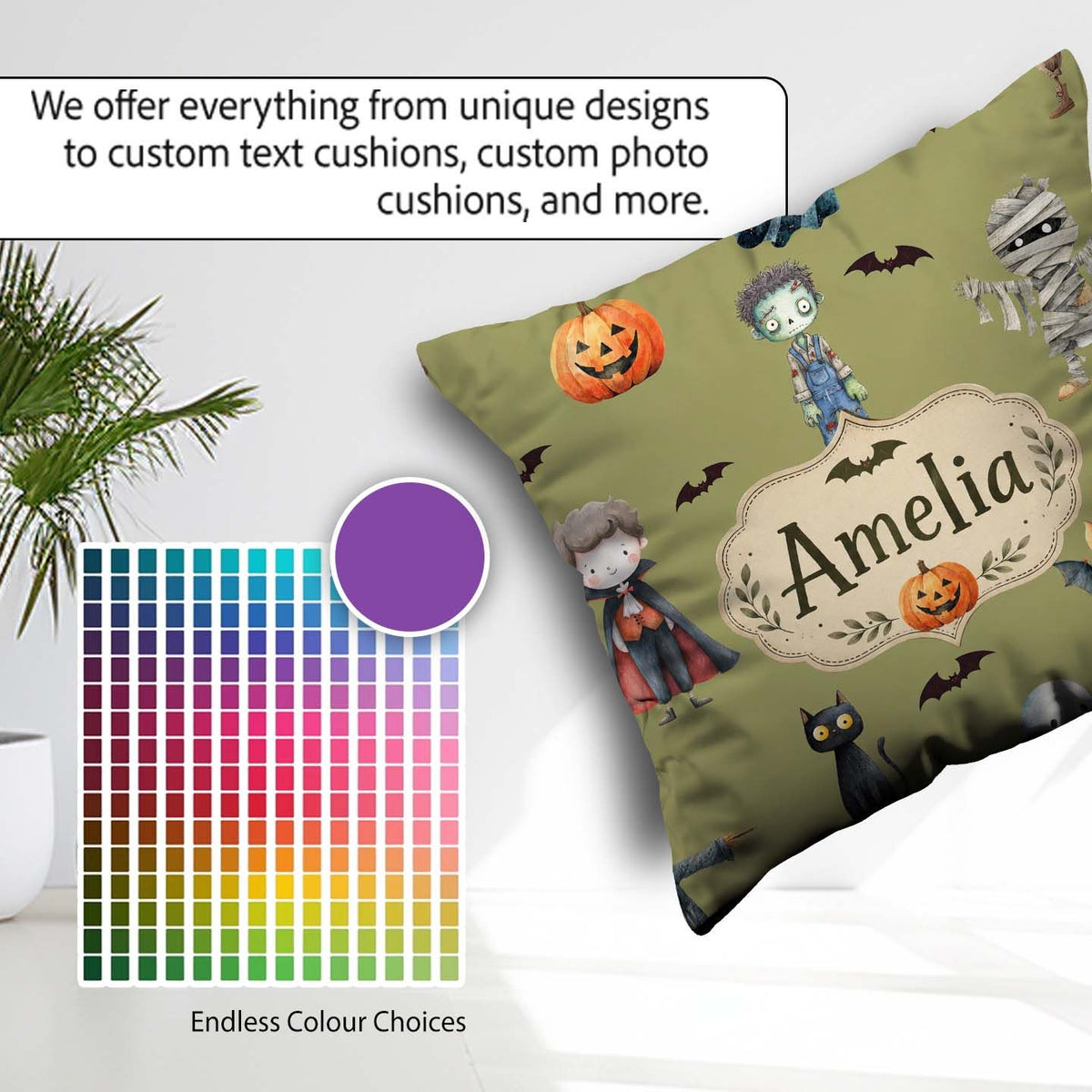 Custom Name Halloween Kids Characters Vampire Bats Pumpkin Olive Square Filled Cushion Throw Pillow Sofa Bed Home Decor Zip Washable UK Made