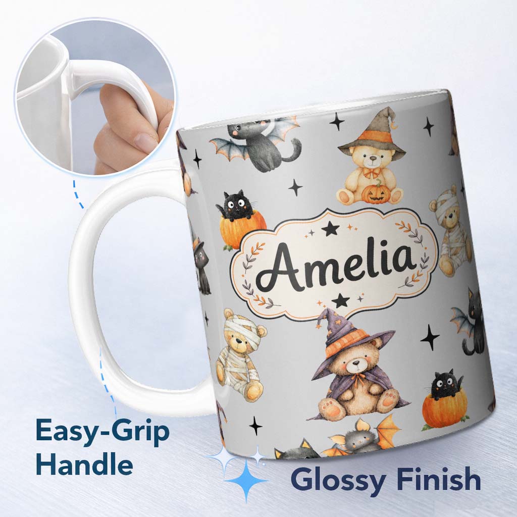 Personalized Custom Name Cute Halloween Teddy Bears Mummy Witch Cat Pumpkin Stars Grey 11oz Ceramic Coffee Tea Mug White Large Handle