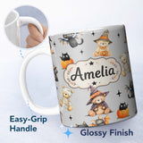Personalized Custom Name Cute Halloween Teddy Bears Mummy Witch Cat Pumpkin Stars Grey 11oz Ceramic Coffee Tea Mug White Large Handle