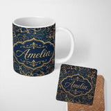 Personalized Custom Name Luxury Gold Floral Vine Scroll on Deep Blue Elegant Seamless Pattern 11oz Ceramic Coffee Tea Mug White Large Handle
