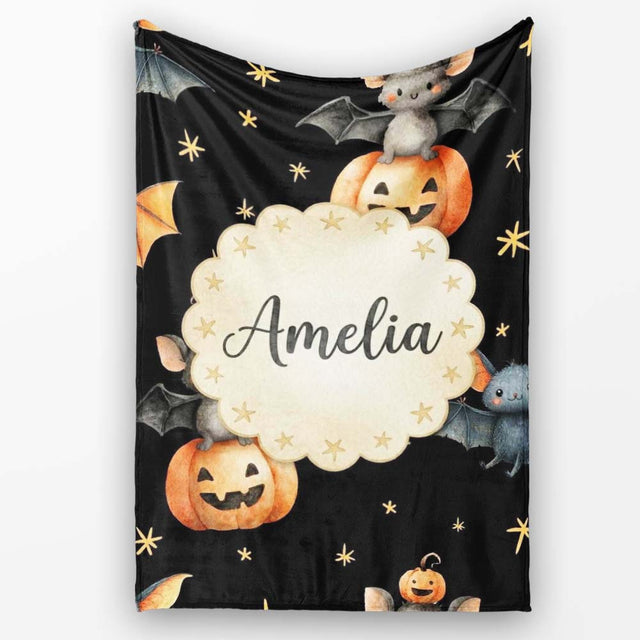 Cute Halloween Bats Sitting on Pumpkins with Stars Black Background  Personalised Custom Name Super Soft Fleece Blanket Bed Sofa Throw