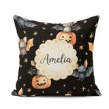 Custom Name Bats Sitting on Pumpkins with Stars Black Background Square Filled Cushion Throw Pillow Sofa Bed Home Decor Zip Washable UK Made