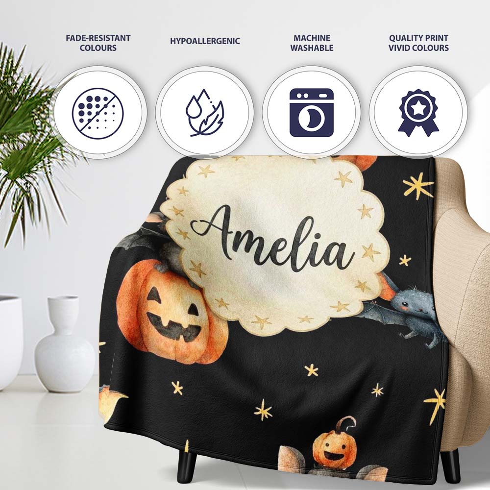 Cute Halloween Bats Sitting on Pumpkins with Stars Black Background  Personalised Custom Name Super Soft Fleece Blanket Bed Sofa Throw