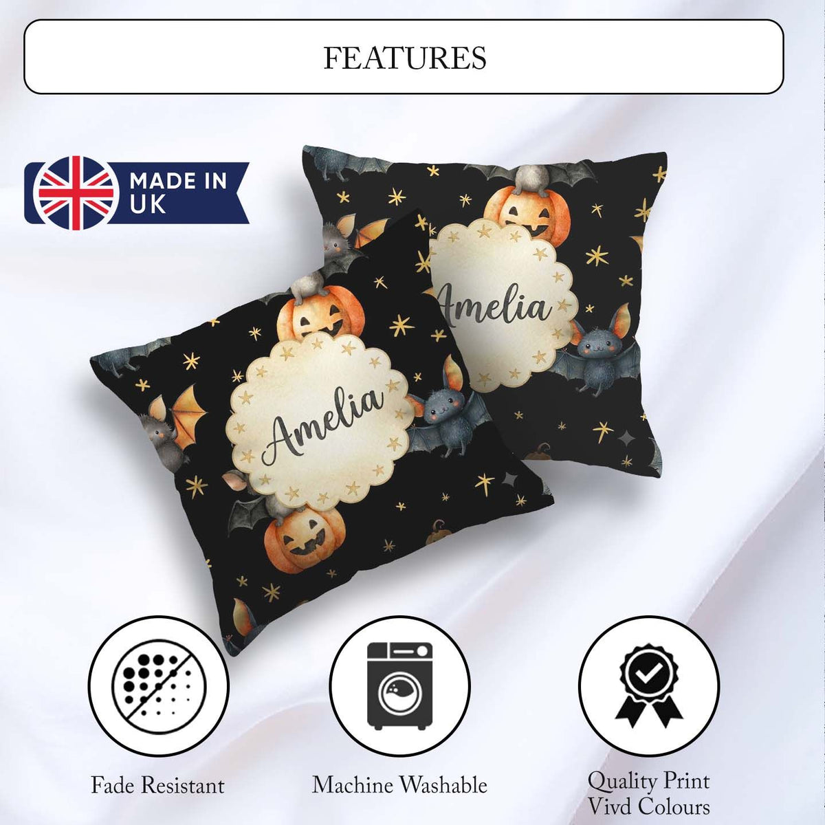 Custom Name Bats Sitting on Pumpkins with Stars Black Background Square Filled Cushion Throw Pillow Sofa Bed Home Decor Zip Washable UK Made