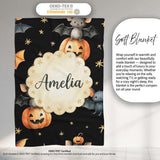 Cute Halloween Bats Sitting on Pumpkins with Stars Black Background  Personalised Custom Name Super Soft Fleece Blanket Bed Sofa Throw