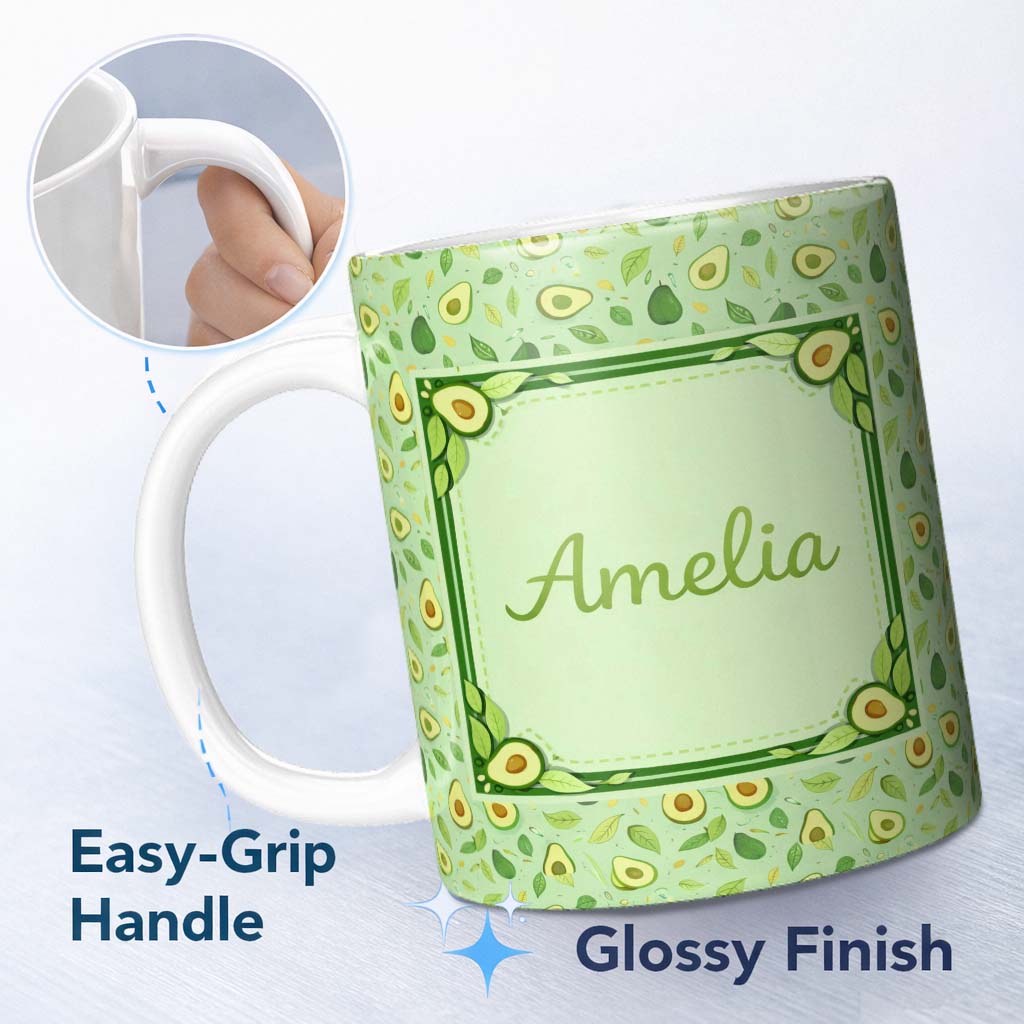 Personalized Custom Name Minimal Avocado Green Aesthetic Pattern Stylish Everyday Mug Lovely 11oz Ceramic Coffee Tea Mug White Large Handle