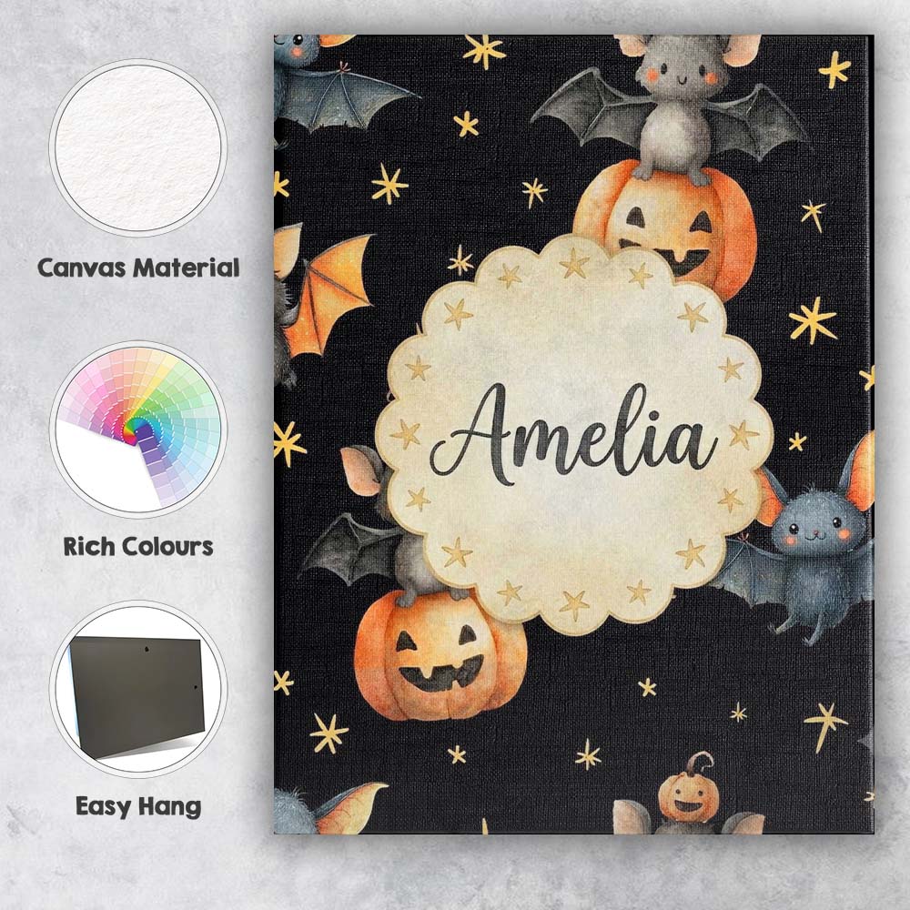 Personalised Name Cute Halloween Bats Custom Modern Room Accent Creative Decorator Style Canvas Wall Art Print Decor Picture Ready to Hang