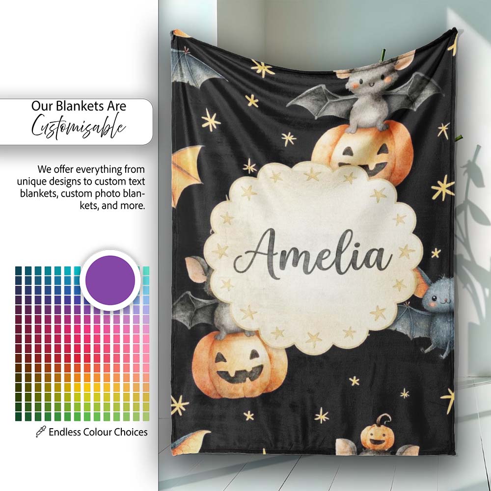 Cute Halloween Bats Sitting on Pumpkins with Stars Black Background  Personalised Custom Name Super Soft Fleece Blanket Bed Sofa Throw