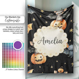 Cute Halloween Bats Sitting on Pumpkins with Stars Black Background  Personalised Custom Name Super Soft Fleece Blanket Bed Sofa Throw
