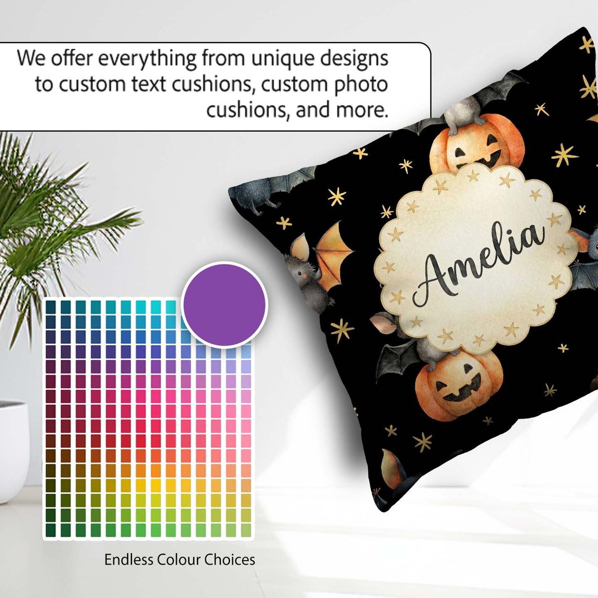 Custom Name Bats Sitting on Pumpkins with Stars Black Background Square Filled Cushion Throw Pillow Sofa Bed Home Decor Zip Washable UK Made