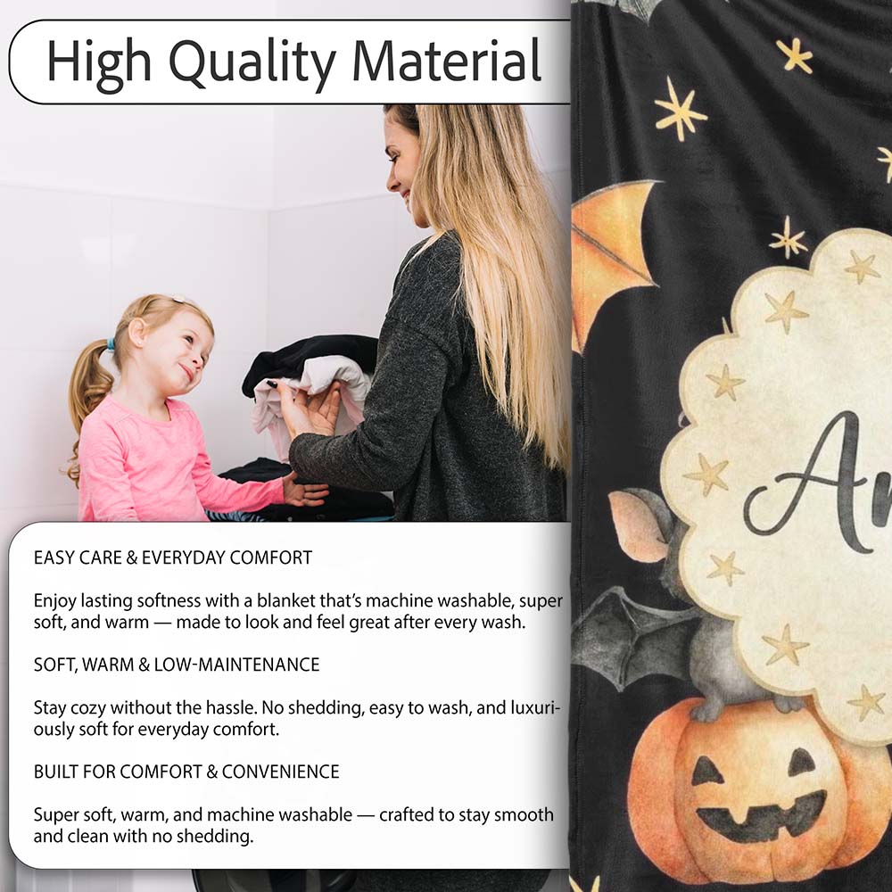 Cute Halloween Bats Sitting on Pumpkins with Stars Black Background  Personalised Custom Name Super Soft Fleece Blanket Bed Sofa Throw