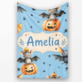 Cute Halloween Bats Sitting on Pumpkins with Stars Blue Background  Personalised Custom Name Super Soft Fleece Blanket Bed Sofa Throw