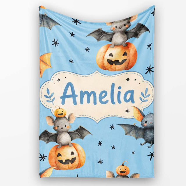 Cute Halloween Bats Sitting on Pumpkins with Stars Blue Background  Personalised Custom Name Super Soft Fleece Blanket Bed Sofa Throw