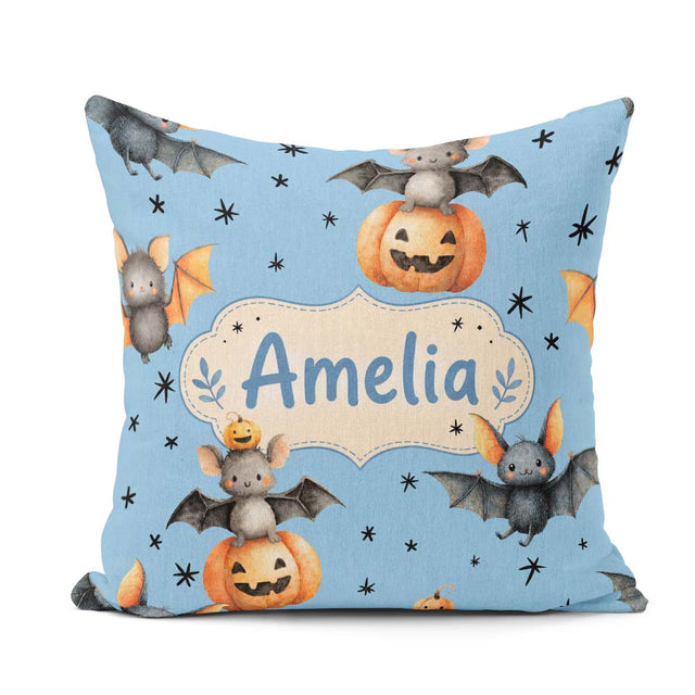 Custom Name Halloween Bats Sitting on with Stars Blue Background Square Filled Cushion Throw Pillow Sofa Bed Home Decor Zip Washable UK Made