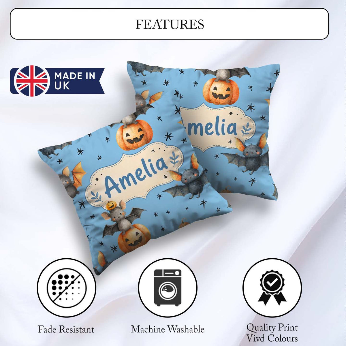 Custom Name Halloween Bats Sitting on with Stars Blue Background Square Filled Cushion Throw Pillow Sofa Bed Home Decor Zip Washable UK Made