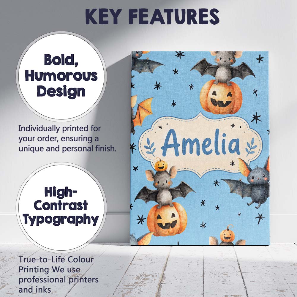 Personalised Name Cute Halloween Bats Custom Modern Room Accent Creative Decorator Style Canvas Wall Art Print Decor Picture Ready to Hang