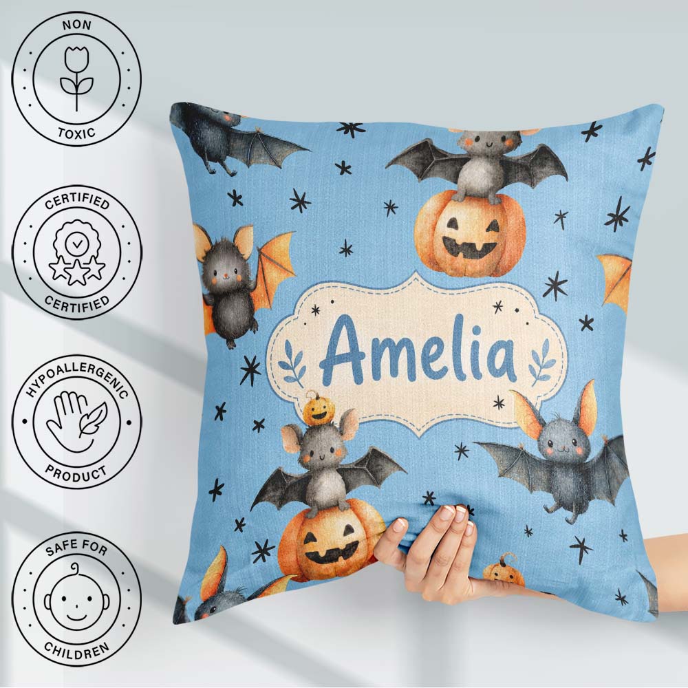 Custom Name Halloween Bats Sitting on with Stars Blue Background Square Filled Cushion Throw Pillow Sofa Bed Home Decor Zip Washable UK Made
