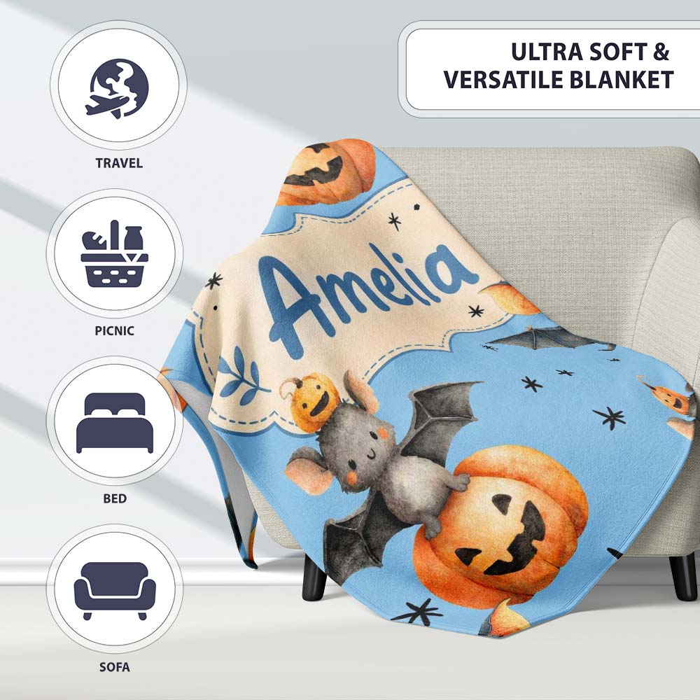 Cute Halloween Bats Sitting on Pumpkins with Stars Blue Background  Personalised Custom Name Super Soft Fleece Blanket Bed Sofa Throw