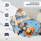 Cute Halloween Bats Sitting on Pumpkins with Stars Blue Background  Personalised Custom Name Super Soft Fleece Blanket Bed Sofa Throw