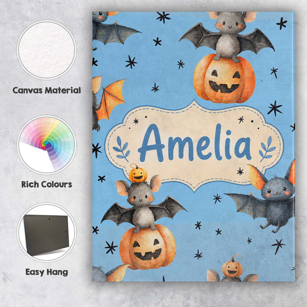 Personalised Name Cute Halloween Bats Custom Modern Room Accent Creative Decorator Style Canvas Wall Art Print Decor Picture Ready to Hang