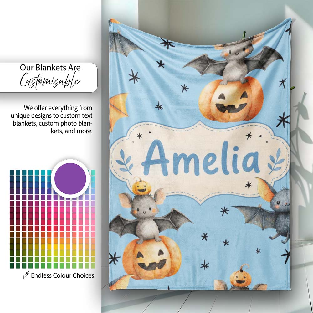 Cute Halloween Bats Sitting on Pumpkins with Stars Blue Background  Personalised Custom Name Super Soft Fleece Blanket Bed Sofa Throw