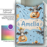 Cute Halloween Bats Sitting on Pumpkins with Stars Blue Background  Personalised Custom Name Super Soft Fleece Blanket Bed Sofa Throw