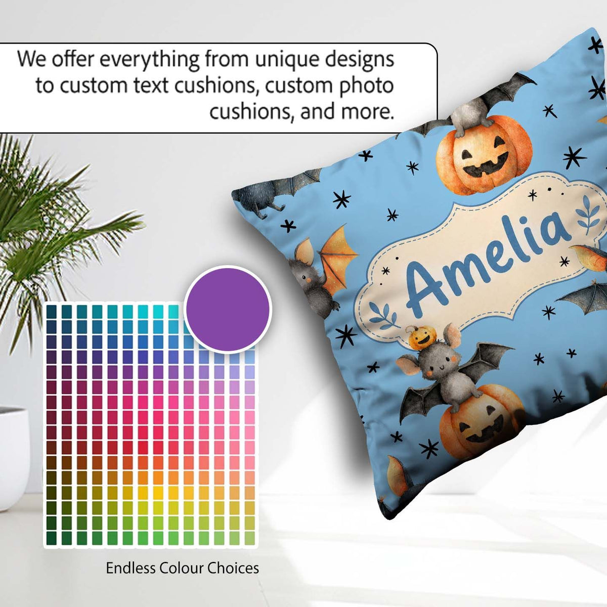 Custom Name Halloween Bats Sitting on with Stars Blue Background Square Filled Cushion Throw Pillow Sofa Bed Home Decor Zip Washable UK Made