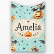 Cute Halloween Bats Sitting on Pumpkins with Stars Teal Background  Personalised Custom Name Super Soft Fleece Blanket Bed Sofa Throw