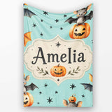 Cute Halloween Bats Sitting on Pumpkins with Stars Teal Background  Personalised Custom Name Super Soft Fleece Blanket Bed Sofa Throw