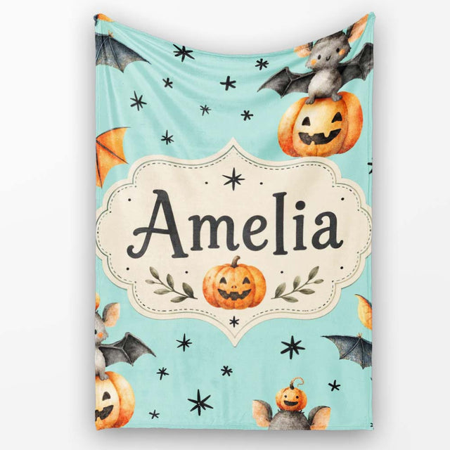 Cute Halloween Bats Sitting on Pumpkins with Stars Teal Background  Personalised Custom Name Super Soft Fleece Blanket Bed Sofa Throw
