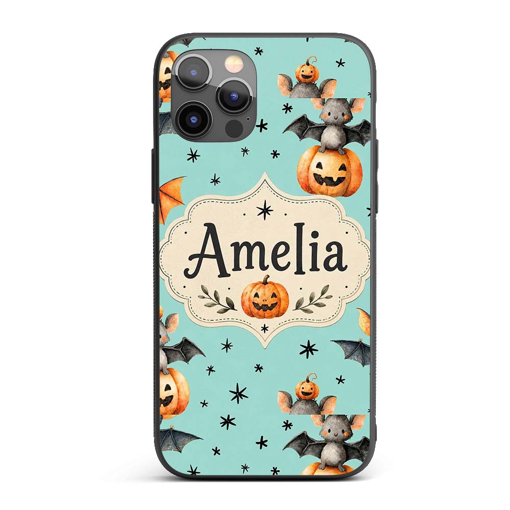 Cute Halloween Bats Sitting on Pumpkins with Custom Name Protective Phone Case Mobile Cover Durable Everyday Smartphone Shock Resistant