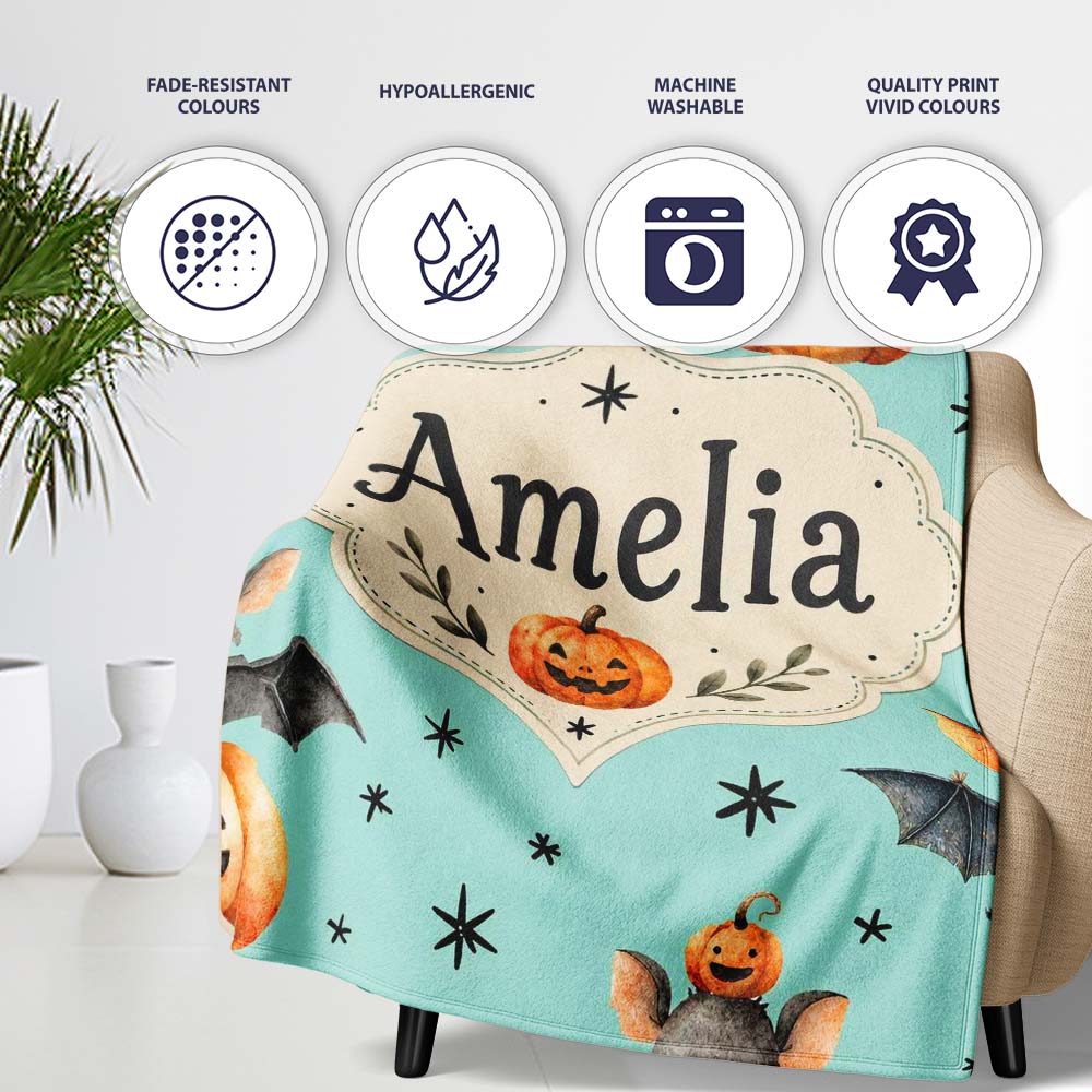 Cute Halloween Bats Sitting on Pumpkins with Stars Teal Background  Personalised Custom Name Super Soft Fleece Blanket Bed Sofa Throw