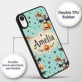 Cute Halloween Bats Sitting on Pumpkins with Custom Name Protective Phone Case Mobile Cover Durable Everyday Smartphone Shock Resistant