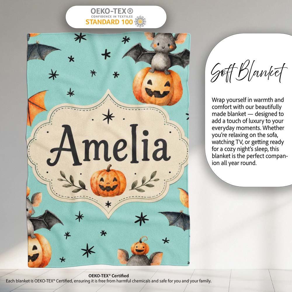 Cute Halloween Bats Sitting on Pumpkins with Stars Teal Background  Personalised Custom Name Super Soft Fleece Blanket Bed Sofa Throw