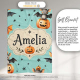 Cute Halloween Bats Sitting on Pumpkins with Stars Teal Background  Personalised Custom Name Super Soft Fleece Blanket Bed Sofa Throw