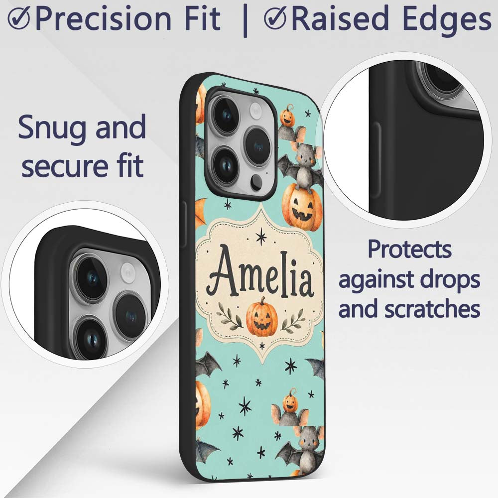 Cute Halloween Bats Sitting on Pumpkins with Custom Name Protective Phone Case Mobile Cover Durable Everyday Smartphone Shock Resistant