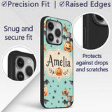 Cute Halloween Bats Sitting on Pumpkins with Custom Name Protective Phone Case Mobile Cover Durable Everyday Smartphone Shock Resistant