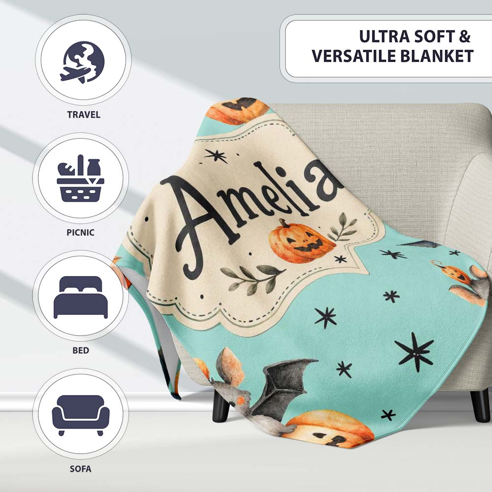 Cute Halloween Bats Sitting on Pumpkins with Stars Teal Background  Personalised Custom Name Super Soft Fleece Blanket Bed Sofa Throw