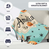 Cute Halloween Bats Sitting on Pumpkins with Stars Teal Background  Personalised Custom Name Super Soft Fleece Blanket Bed Sofa Throw