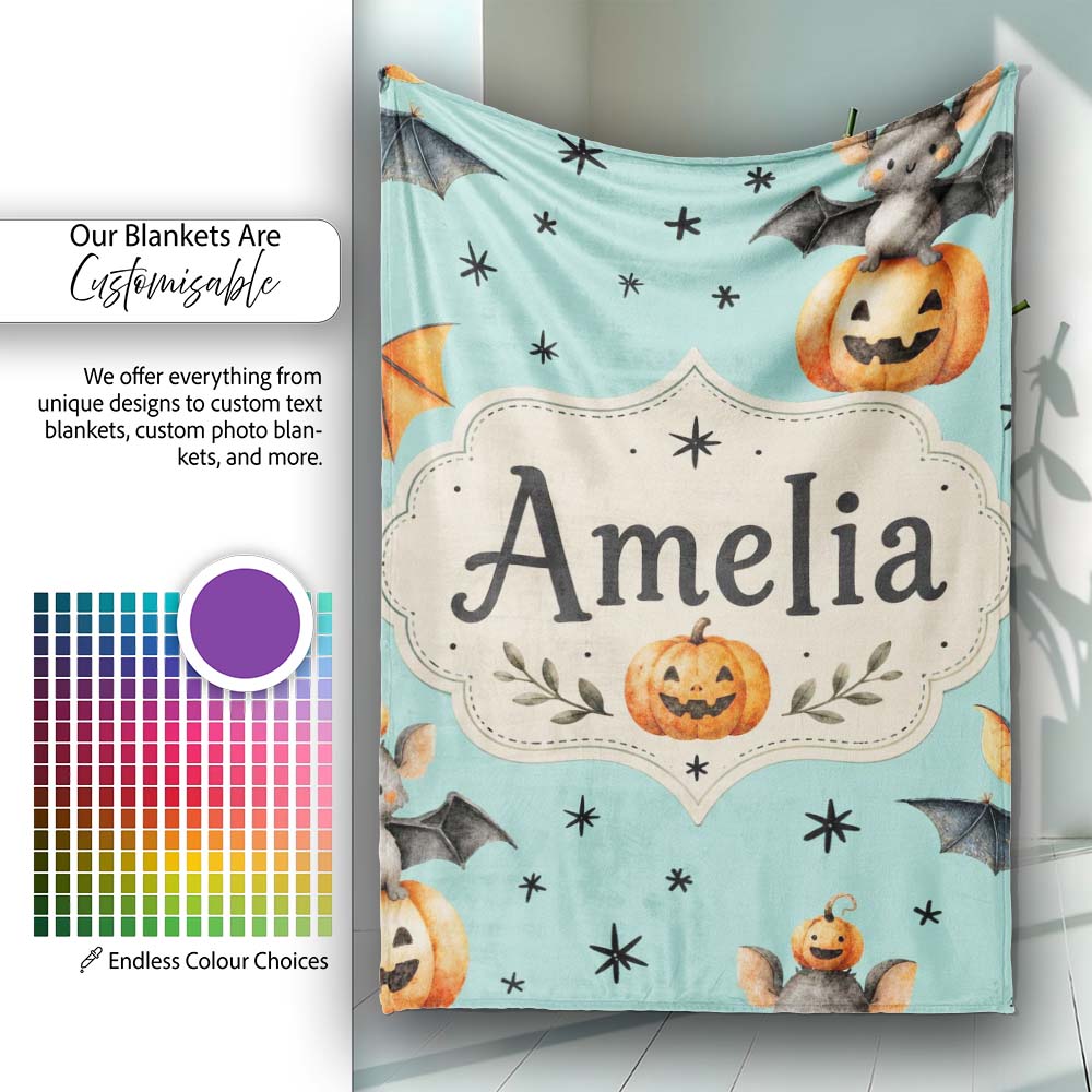 Cute Halloween Bats Sitting on Pumpkins with Stars Teal Background  Personalised Custom Name Super Soft Fleece Blanket Bed Sofa Throw